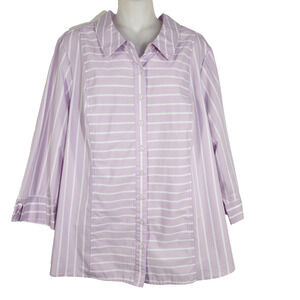 Denim & Co. Womens Shirt Size 1X Stripe Stretch Poplin 3/4 Sleeves Light Orchid